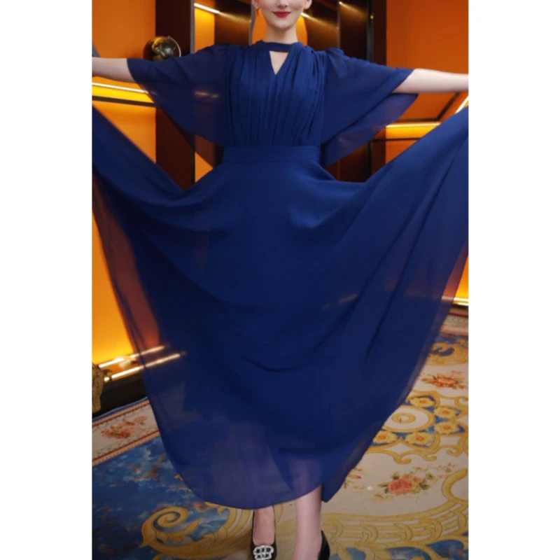 暖长裙夏季宴会树脂固色气质法式优雅长款短袖连衣裙1126