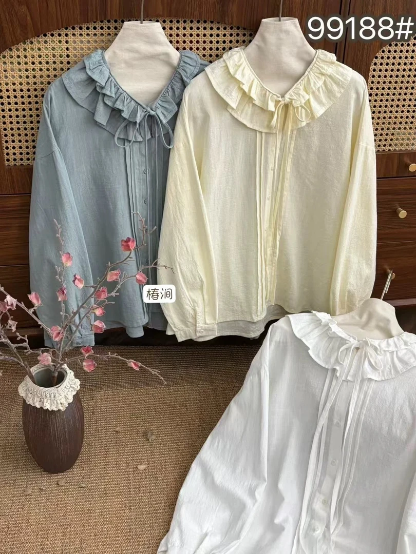 森系文艺百搭双层花边系带衬衫减龄