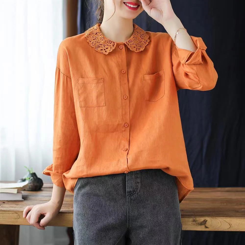 刺绣桔色花边领衬衫女纯色百搭文艺复古宽松休闲显瘦时尚长袖上衣