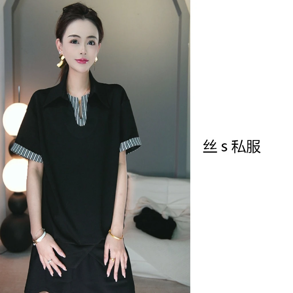 丝s私服【浩瀚】夏季双领假两件条纹撞色拼接上衣T恤F8266