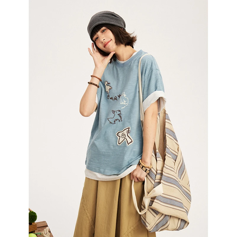 hothorse/火山马【岛羊】ST10028短袖绣花直筒T恤印花夏季中国风