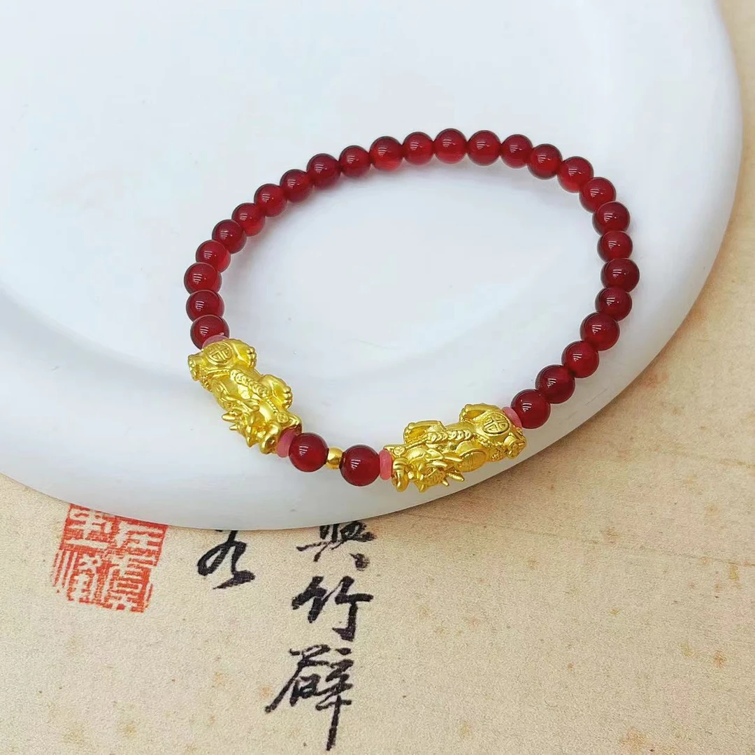 【传杰专属】足金24K黄金金珠柿子红玛瑙双貔貅手串（标配证书）G46