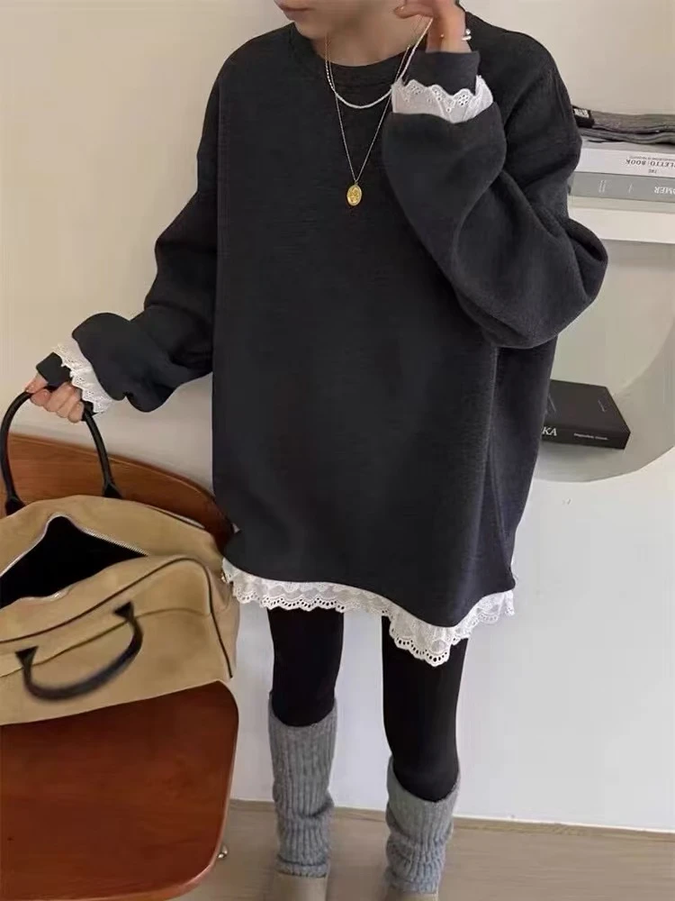 慵懒风长袖T恤女冬季休闲宽松中长款套头上衣内搭打底衫