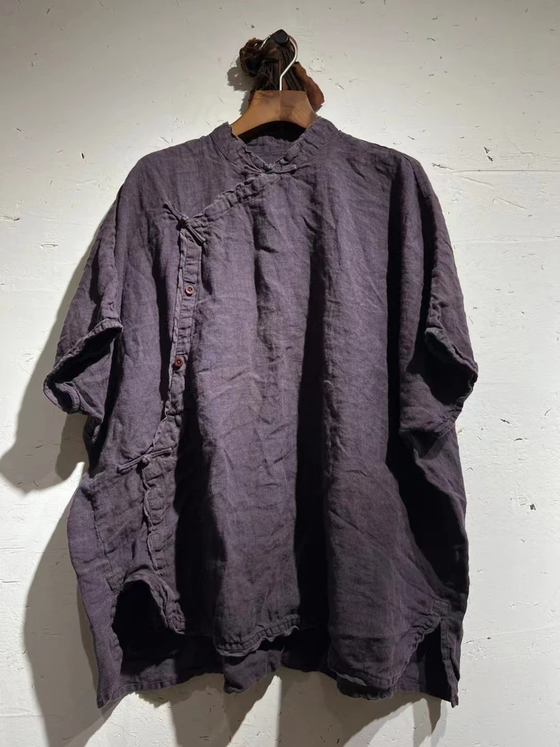 衣路走来亚麻斜盘扣上衣