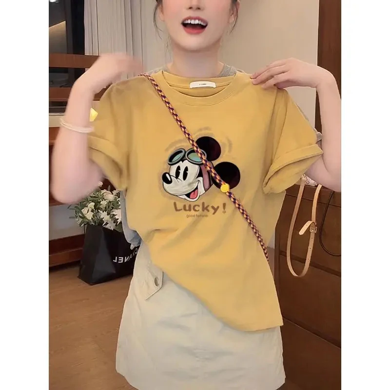 夏季女2025新款常规正肩短袖女t恤时尚休闲百搭减龄显瘦黄色上衣