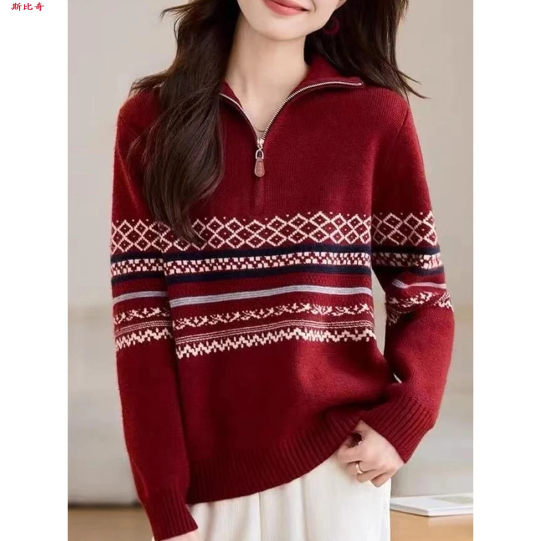 斯比奇 秋冬女士红色半拉炼费尔岛毛衣女款2026新款针织打底衫巨