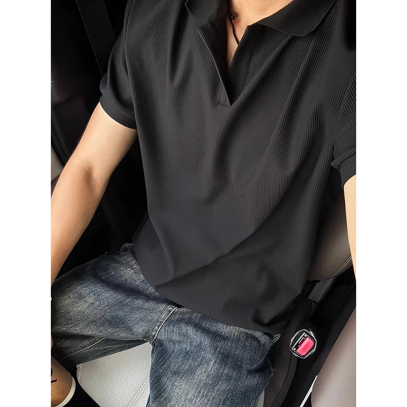 黑色海鸥领polo衫男款夏季痞帅高级感短袖t恤老钱风收口冰丝半袖