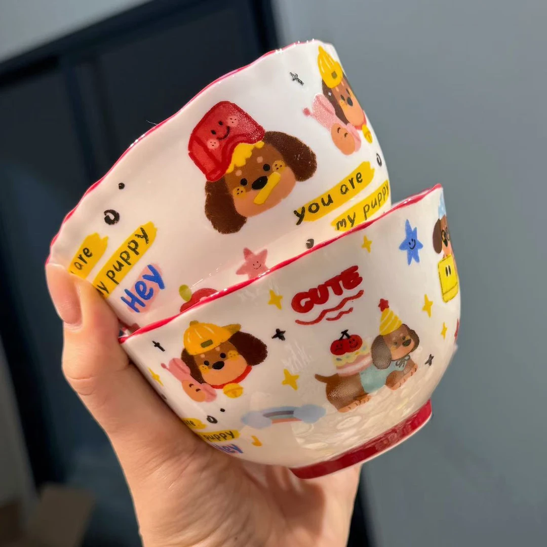 【圆和圈】出口尾单 幸运小狗红色描边米饭碗 可爱陶瓷碗两个装