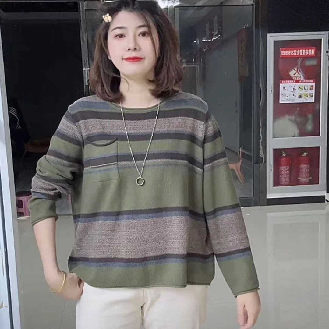 彩条口袋圆领女装时尚针织衫92075