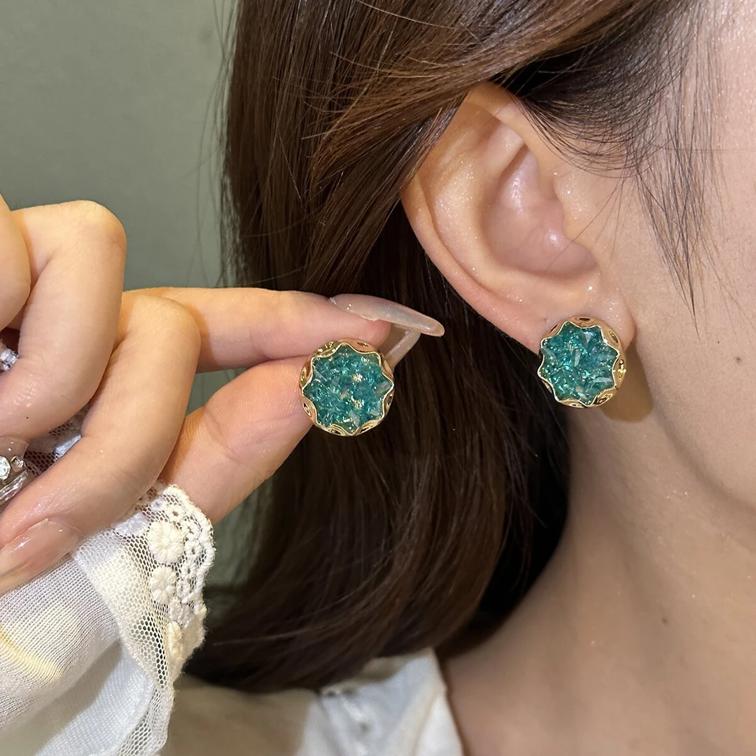 铜合金锆石耳饰 冰裂纹耳钉女款新中式时尚几何圆形双面花耳钉