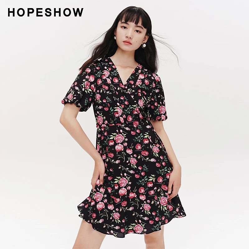 红袖春季2024新款女装 玫瑰印花V领套头茶歇裙89124091613