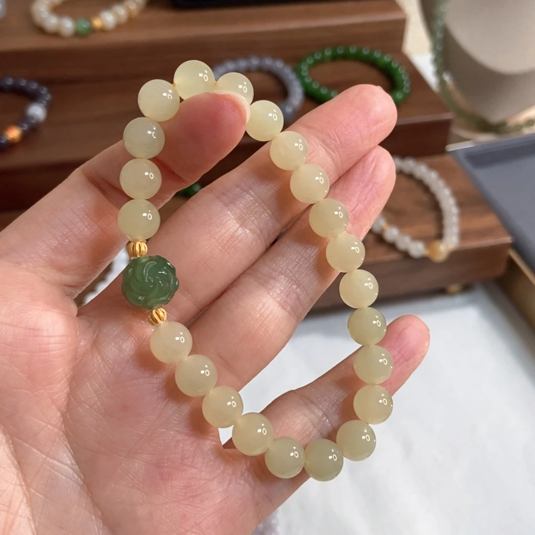 和田玉手链银S925镶嵌8mm黄口