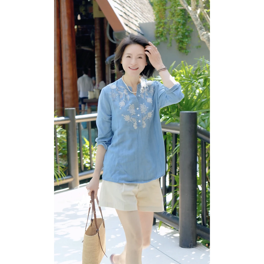 我是摩羯 春之物语 100天丝万针刺绣半开领宽松H型小衫衬衫