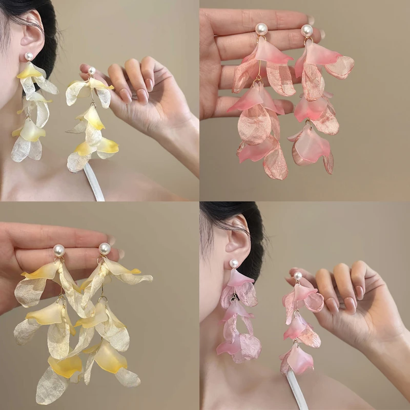非金属布艺耳饰 粉色花朵耳钉高级感夸张耳环海边度假风拍照耳饰