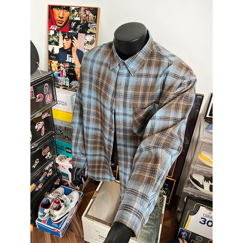 脏脏扎染格子衬衫男春季美式复古情侣衬衣cleanfit松弛慵懒风上衣