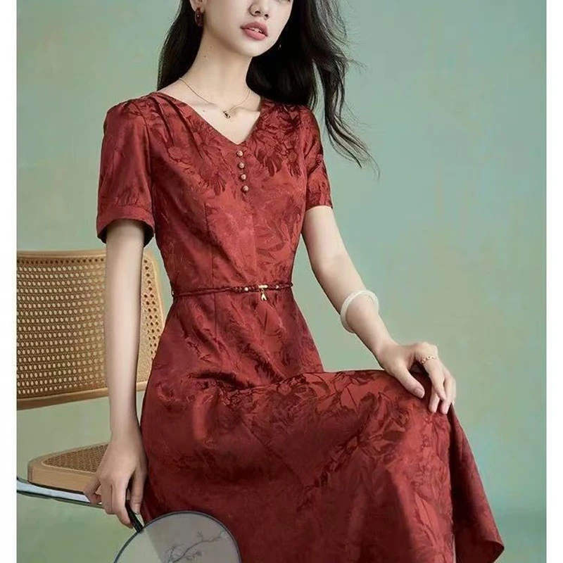 王小鸭连衣裙女装2025夏季新款爆款中年妈妈红色显瘦气质裙子高端