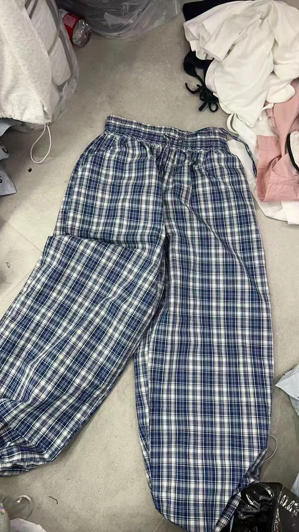 夏款复古显瘦裤脚抽绳格子休闲裤女松紧腰设计