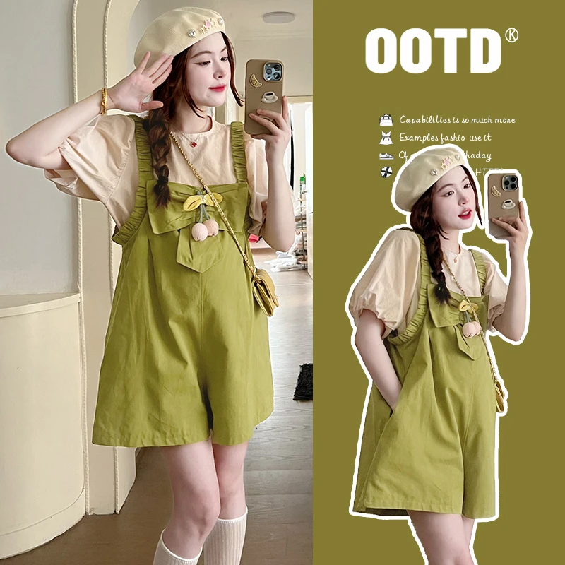 孕妇背带裤夏装新品韩版宽松可爱背带裤泡泡袖娃上衣夏季2025新款