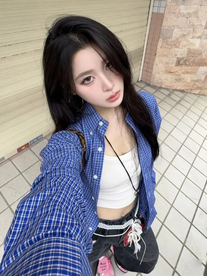 潮牌美式复古蓝色格子长袖衬衫女早秋宽松设计感小众休闲百搭上衣