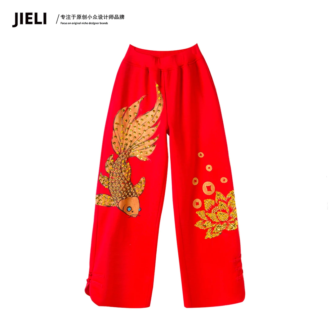 JIE LI/街力街力原创小众定制款高腰高级感红色卫裤女T10092