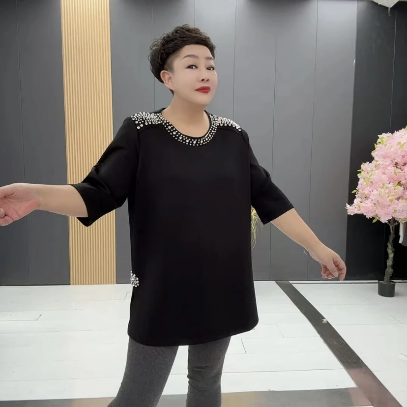 GBS大码女装早春时尚半袖女重工钉珠亮钻开叉显瘦大衫