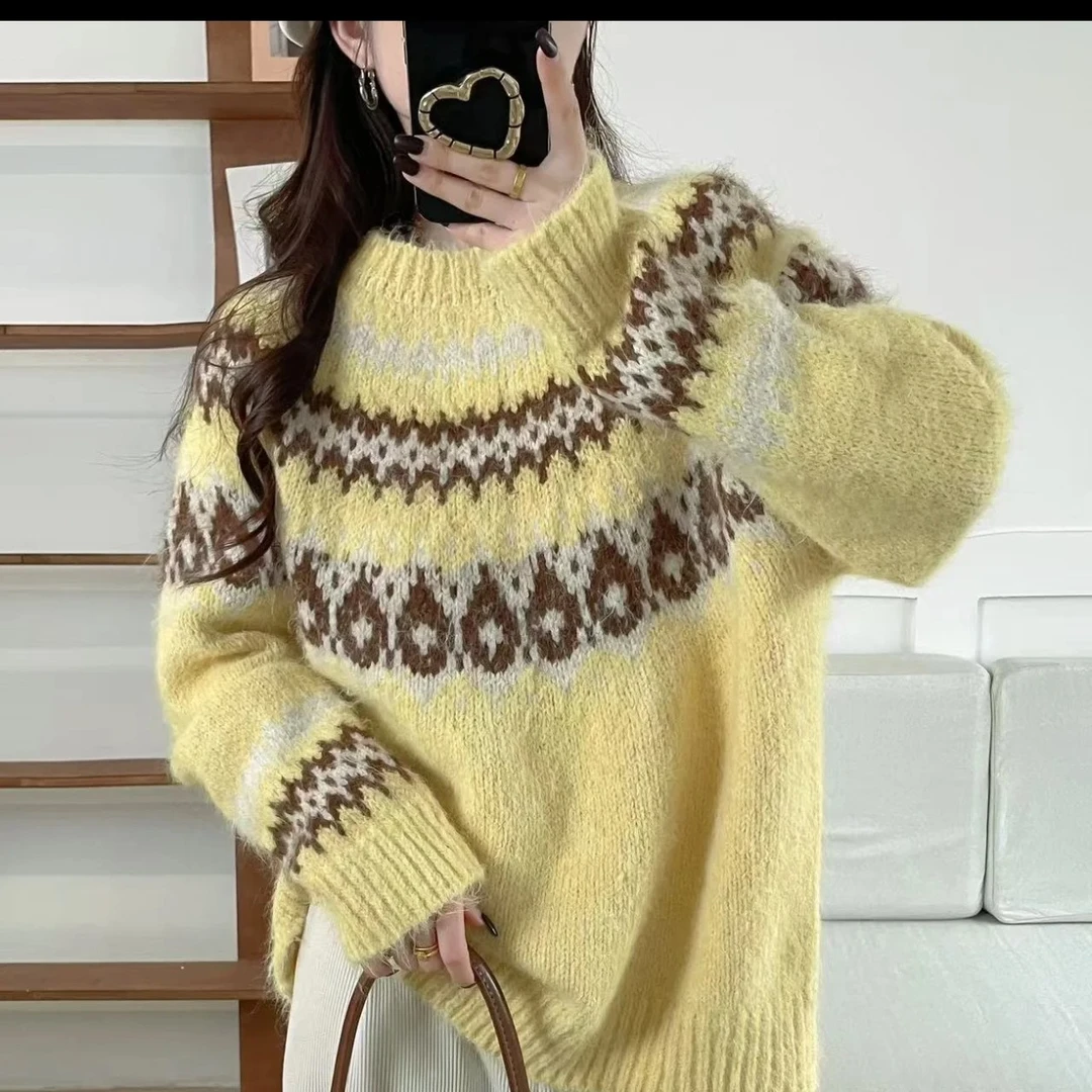 黄色费尔岛毛衣鞠婧祎，白鹿明星同款毛衣
