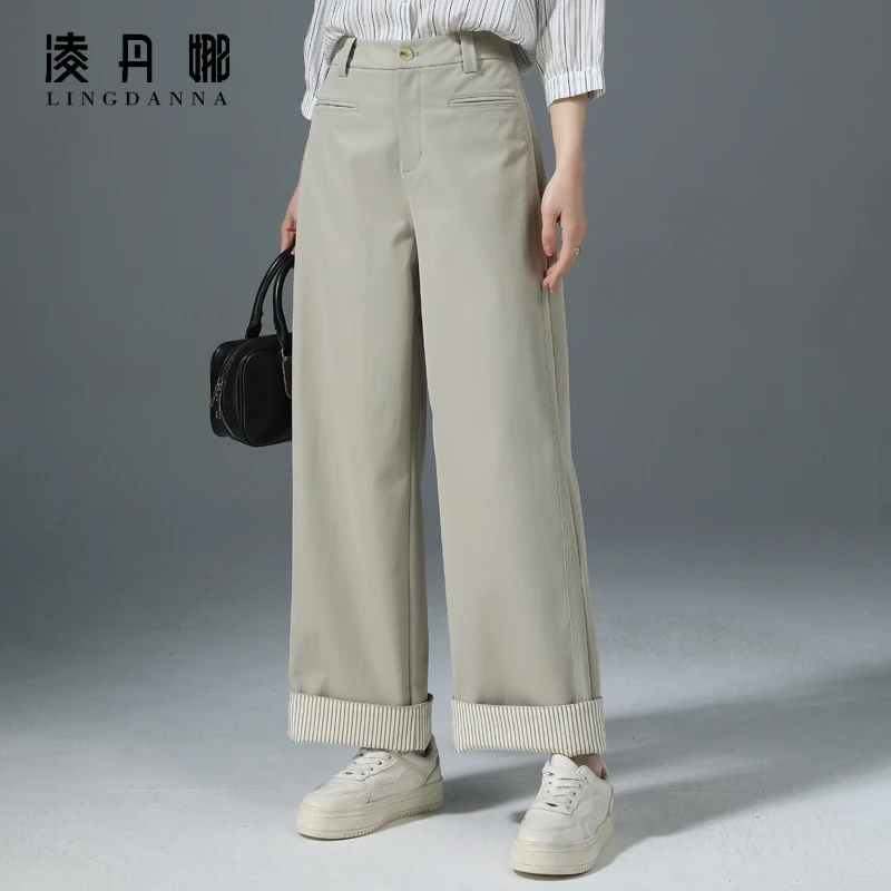 韩系两穿条纹卷边阔腿裤女2025春秋新款复古宽松直筒九分休闲长裤