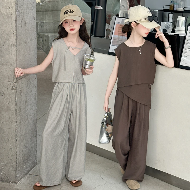 女童夏季套装2025新款洋气大童薄款无袖夏装初中生阔腿裤两件套潮