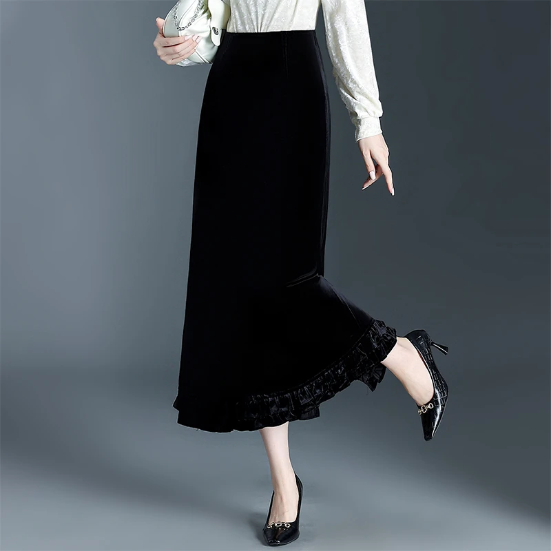 木耳花边拼接开叉金丝绒半身裙2025秋季新款轻奢富贵感高腰直筒裙