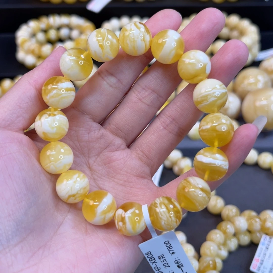 未镶嵌蜜蜡手串13mm+金瓷白虎皮