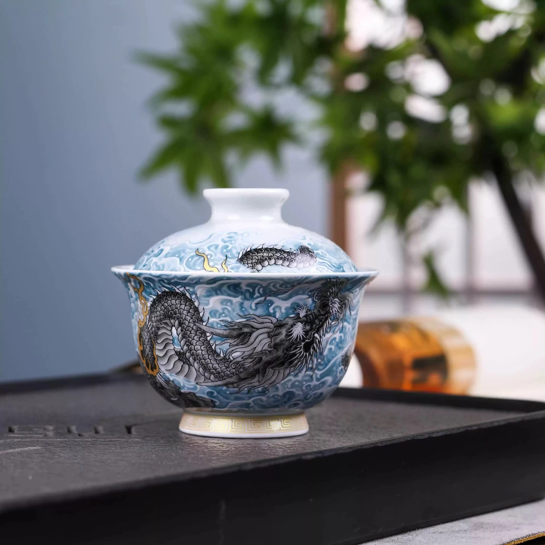 景德镇七丞堂墨龙游海龙纹描金茶具泡茶盖碗二才元宝盖碗