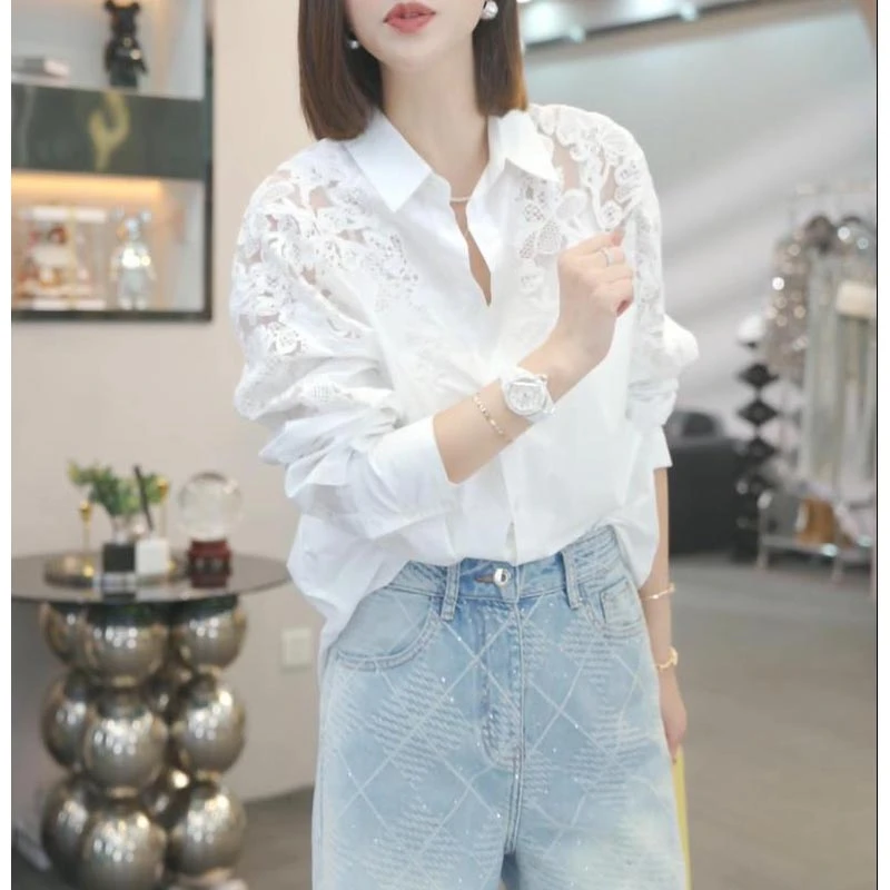 韩版设计感蕾丝拼接衬衫女2025年春秋新款气质纯色翻领开衫上衣潮