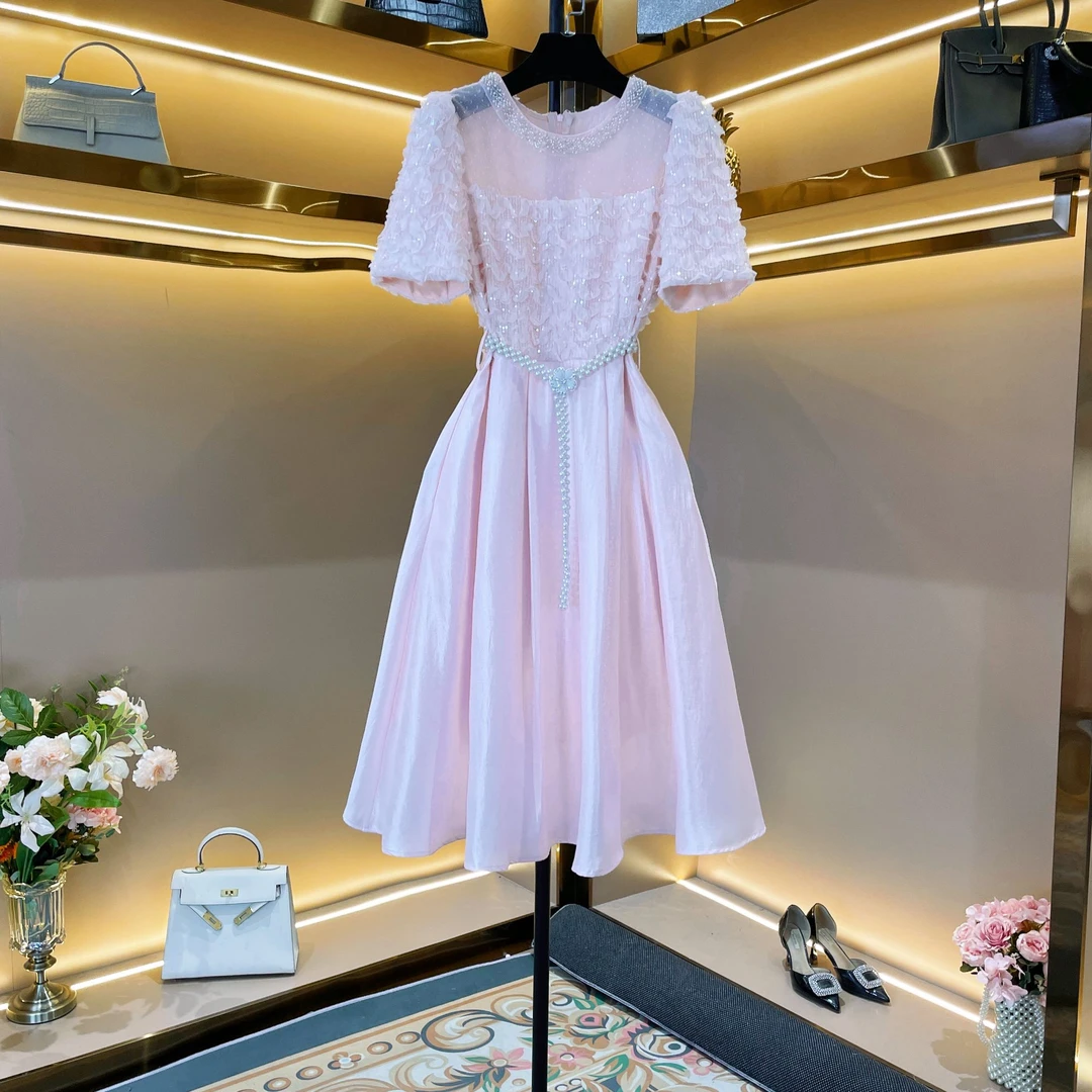 【珠绣华服】[晖晖]轻奢设计师款优雅气质修身时尚收腰连衣裙-86322