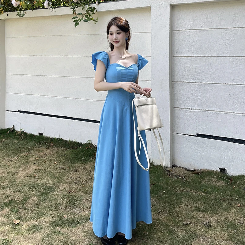 法式一字肩两穿蓝色连衣裙女2025夏季新款绝美气质显瘦长裙子