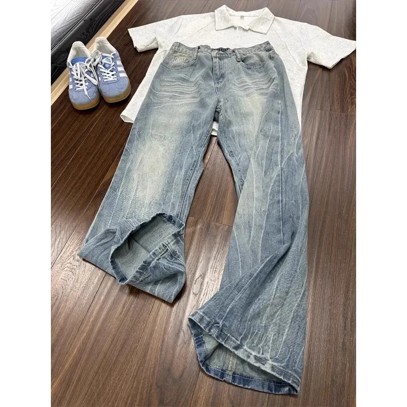 蓝色闪电纹牛仔裤男款夏季美式复古裤子cleanfit显腿长直筒微喇裤