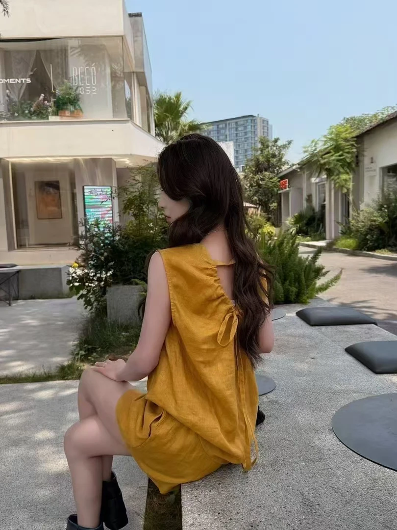 夏季韩系休闲棉麻后v套装