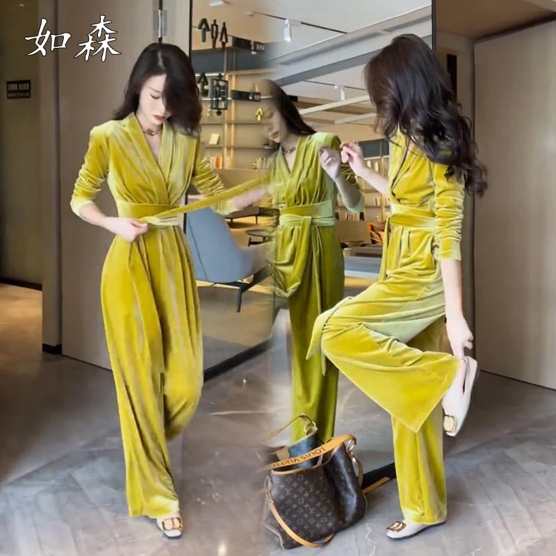 网红气质时尚赫本风洋气V领连体裤女秋季新款紧身绑带收腰连体裤