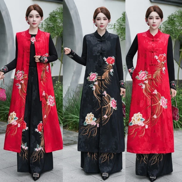 秋季新款中式国风重工刺绣凤穿牡丹马甲大码女装开衫女装走秀款