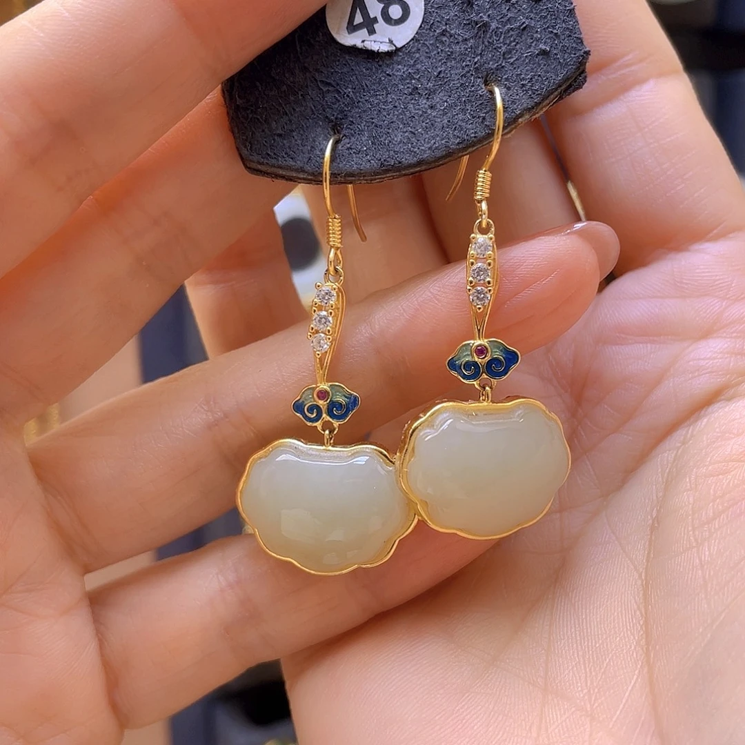 和田玉银S925镀金镶嵌耳饰