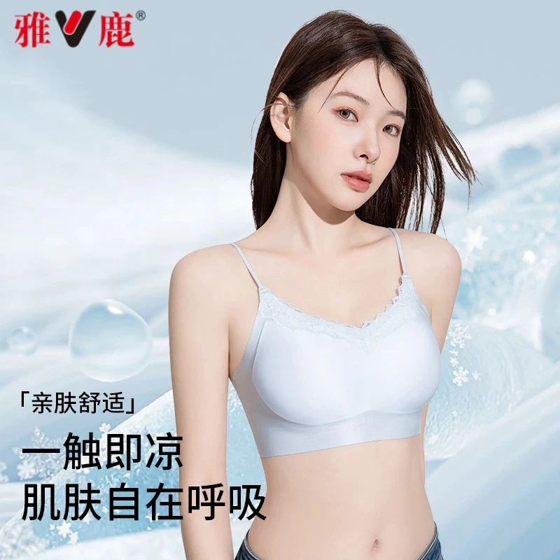 雅鹿夏季凉感薄款法式蕾丝抗菌文胸聚拢透气果冻条细肩带美背内衣