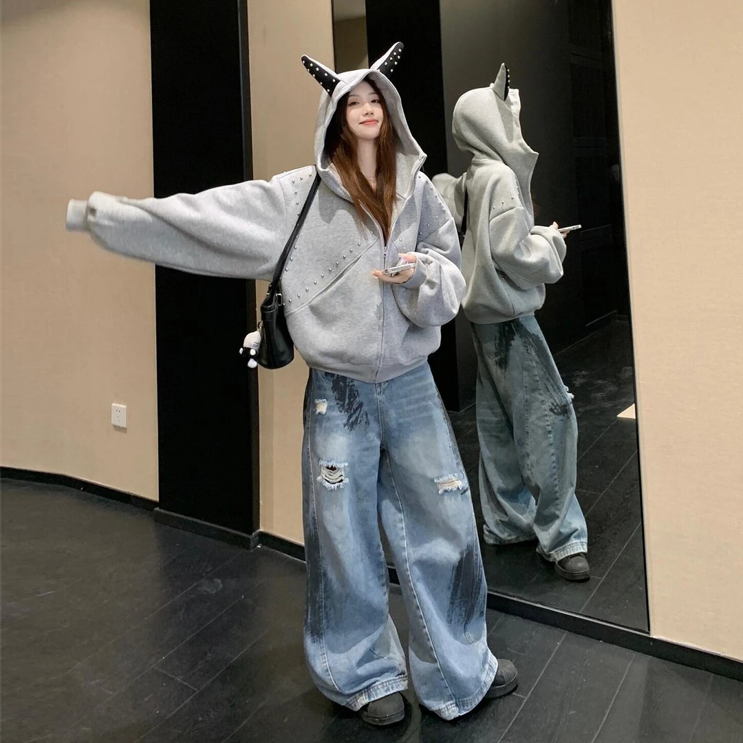 潮碧梵300斤大码宽松连帽长袖卫衣外套女胖mm新款显瘦开衫上衣女