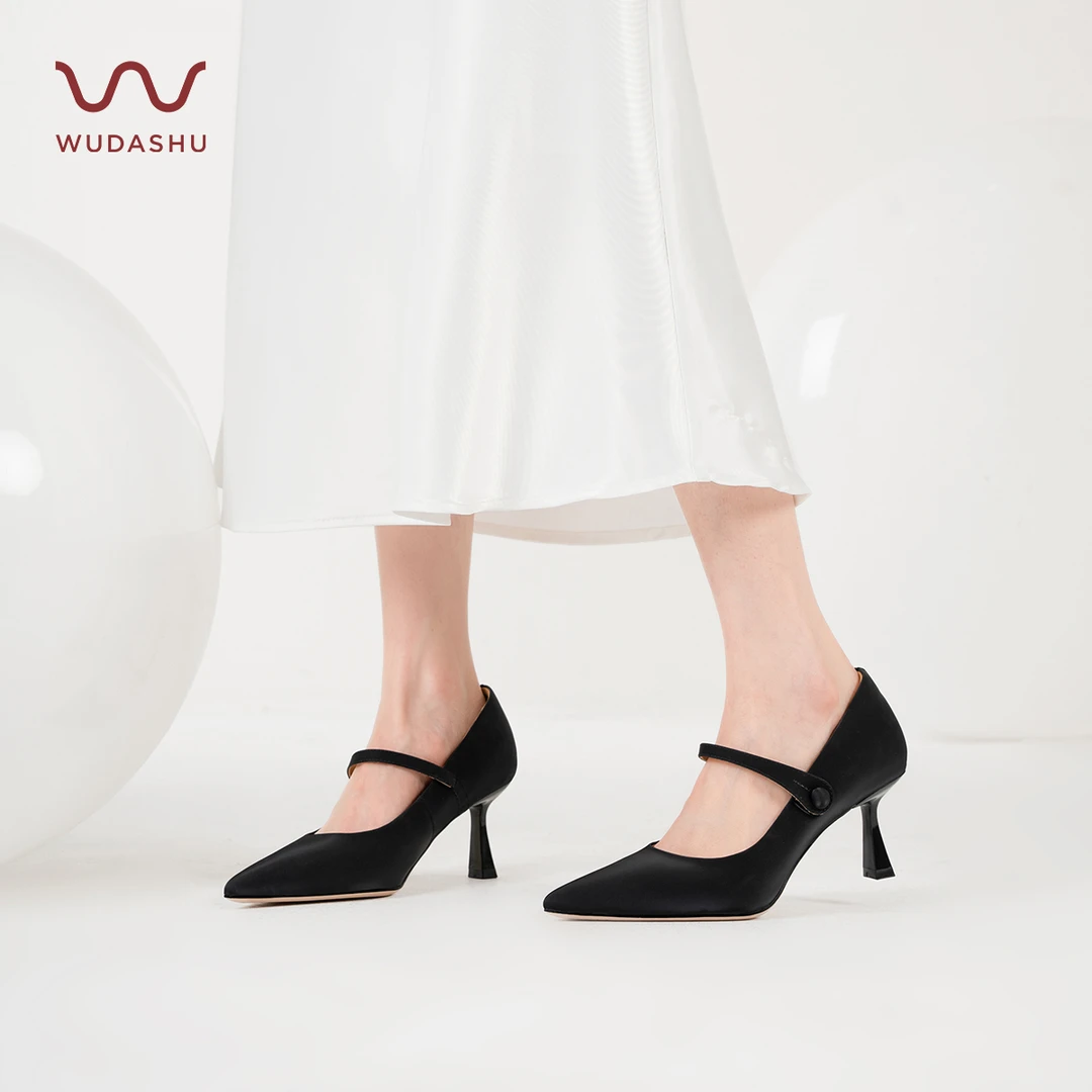 吴大叔春季新款气质百搭尖头高跟鞋女士一字带浅口单鞋防掉跟女鞋