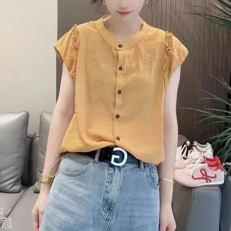 木耳边圆领短袖衬衫女2025夏季新款韩版时尚设计感显瘦洋气上衣潮