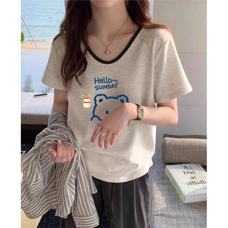 大码胖mm韩版简约宽松显瘦短袖T恤女士夏季设计感撞色V领印花上衣