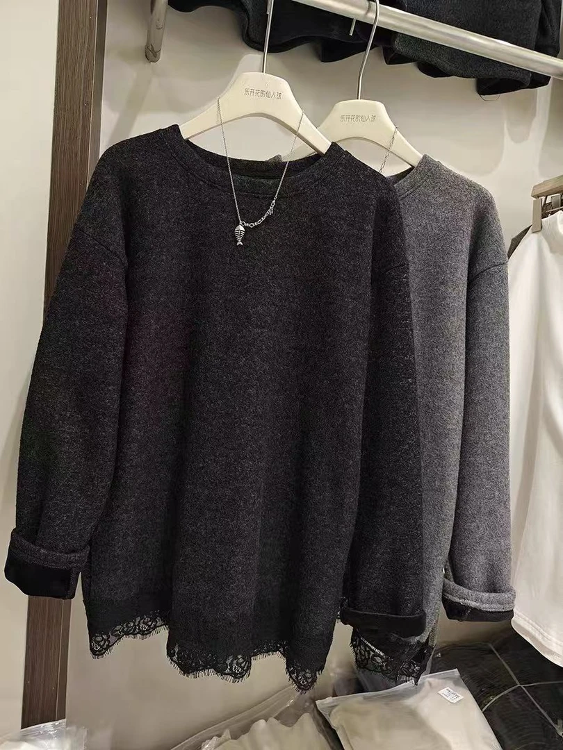 欧货高端2025冬季蕾丝拼接中长款遮屁股宽松加绒卫衣女加厚打底衫