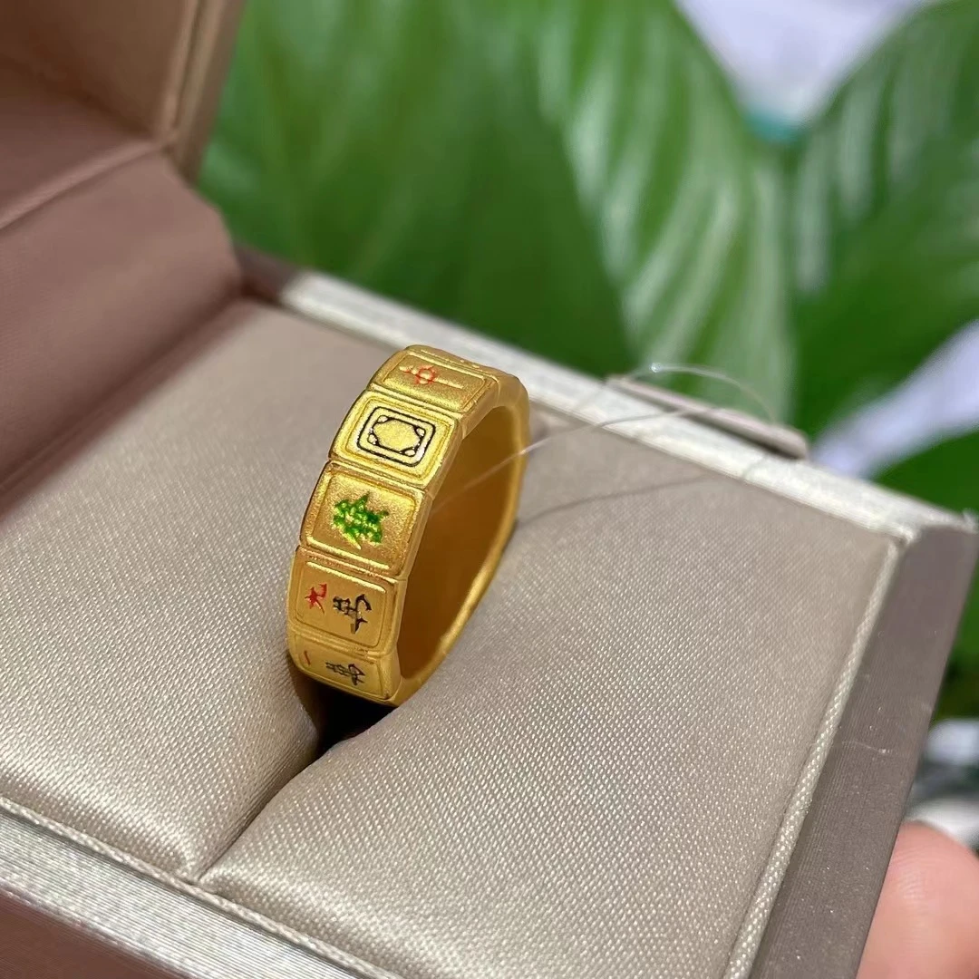 3054足金戒指传统麻将戒指5D无氢工艺珐琅彩麻将金戒指男女情侣戒