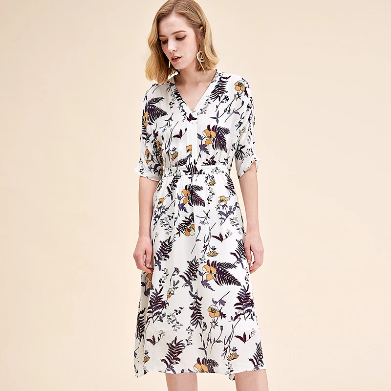 气质V领印花桑蚕丝连衣裙D9006741