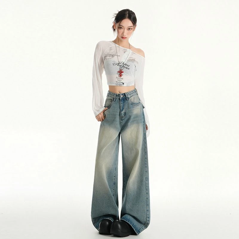 GL 口袋款复古水洗做旧阔腿裤女高腰显瘦宽松牛仔长裤子秋季新款