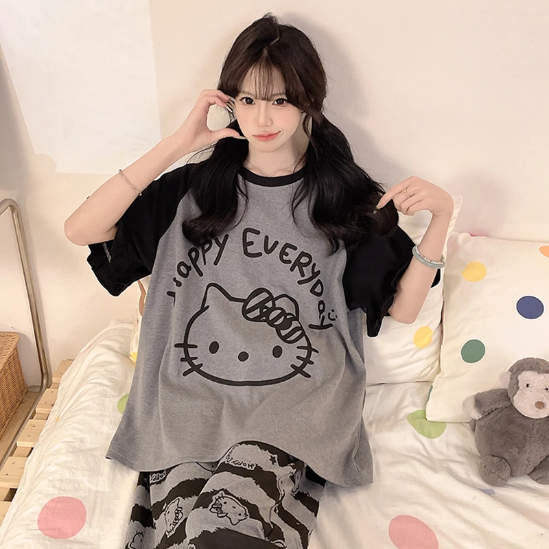 HelloKitty睡衣女夏季短袖长裤纯棉薄款大码夏天春秋季家居服套装