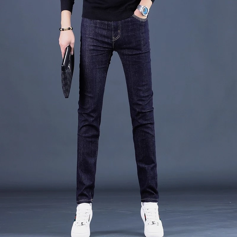 One What秋季高端男士牛仔裤修身显瘦小脚潮流弹力休闲深蓝色长裤